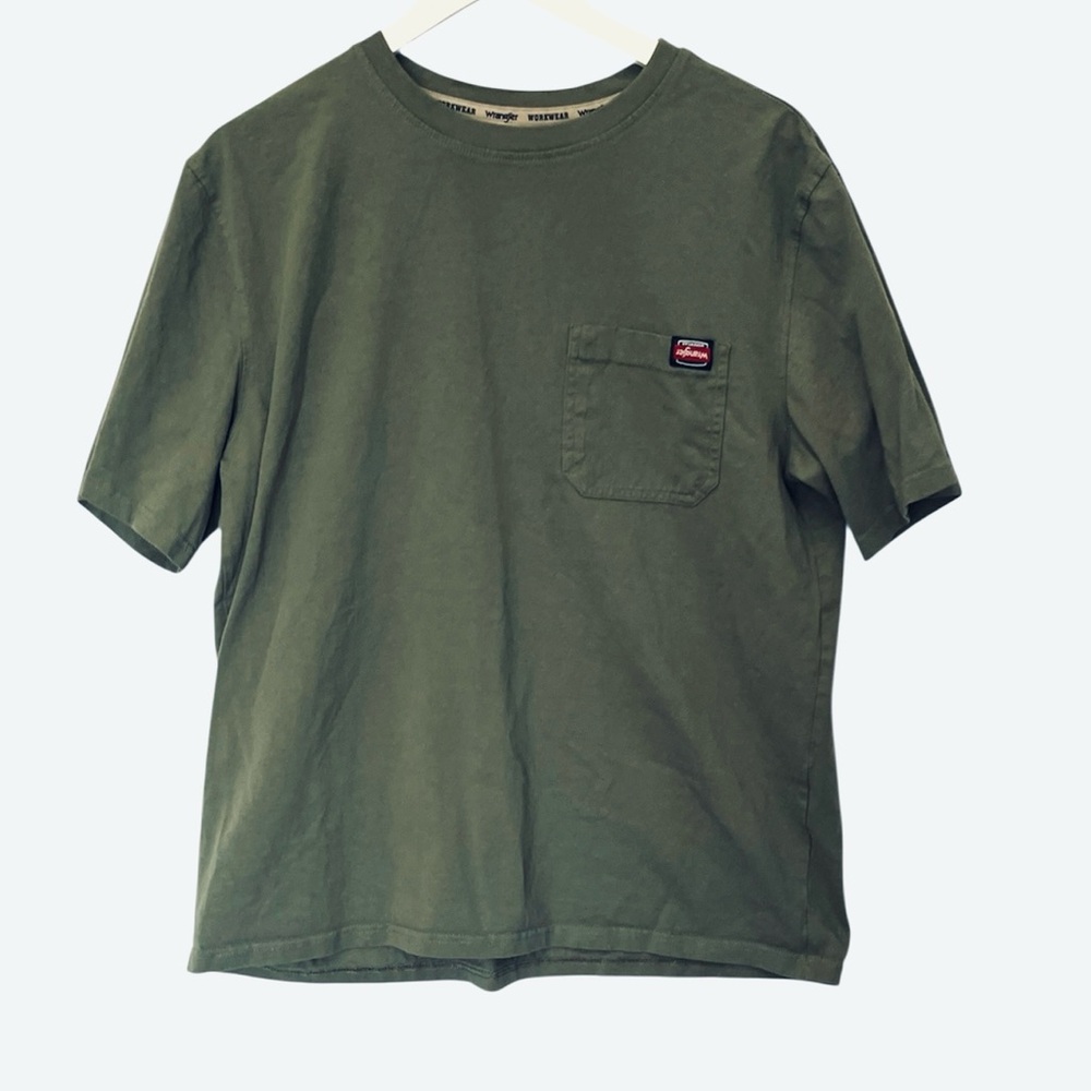 Wrangler Workwear Khaki Army Green Short Sleeve Pocket Tee Upsidedown logo L